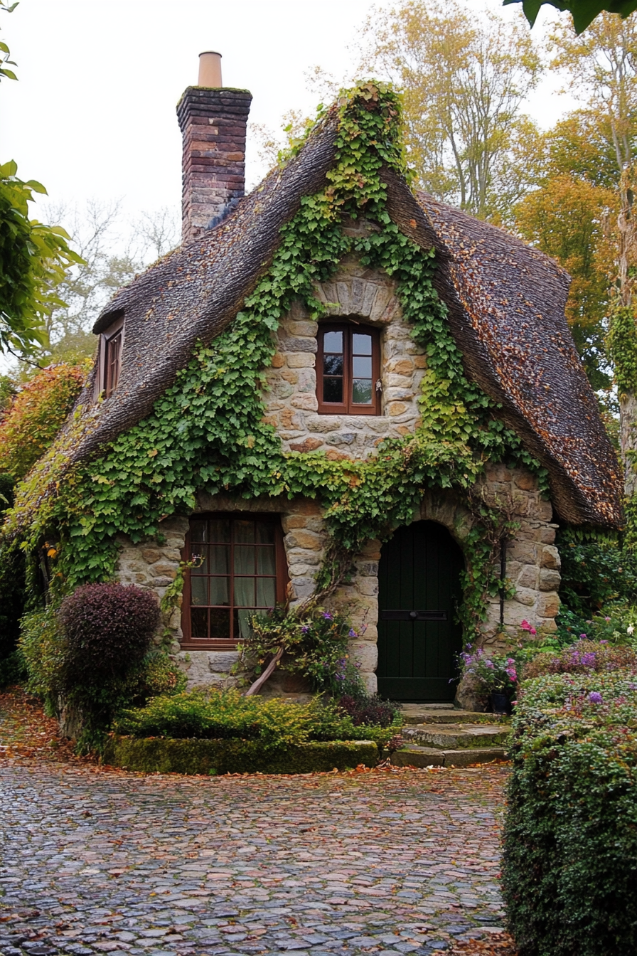 Micro home design with crooked chimney. Ivy-covered thatching and cobblestone exterior.