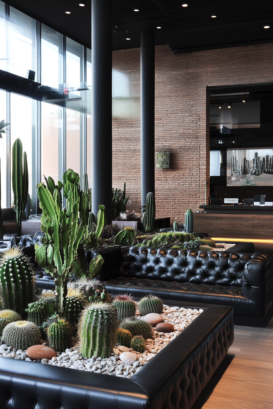 Space design. Glass terrarium with diverse cacti, modular black leather seating.