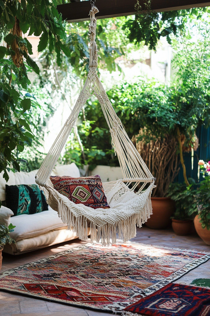 Bohemian patio. Macrame hanging chair and multicolored kilim rugs.