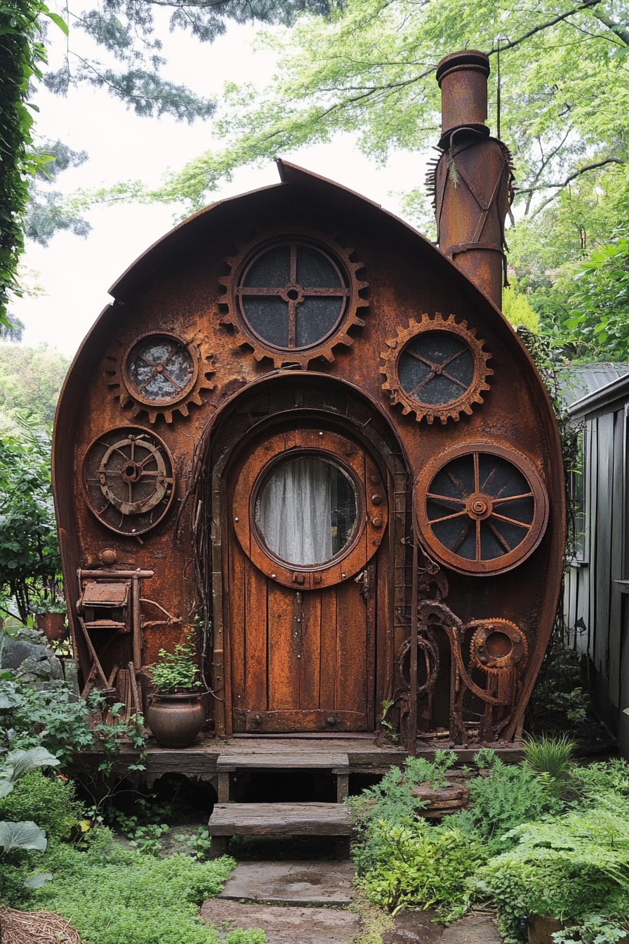 Micro home. Rusty iron dwarf-size Victorian cabin with circular gear-shaped windows.