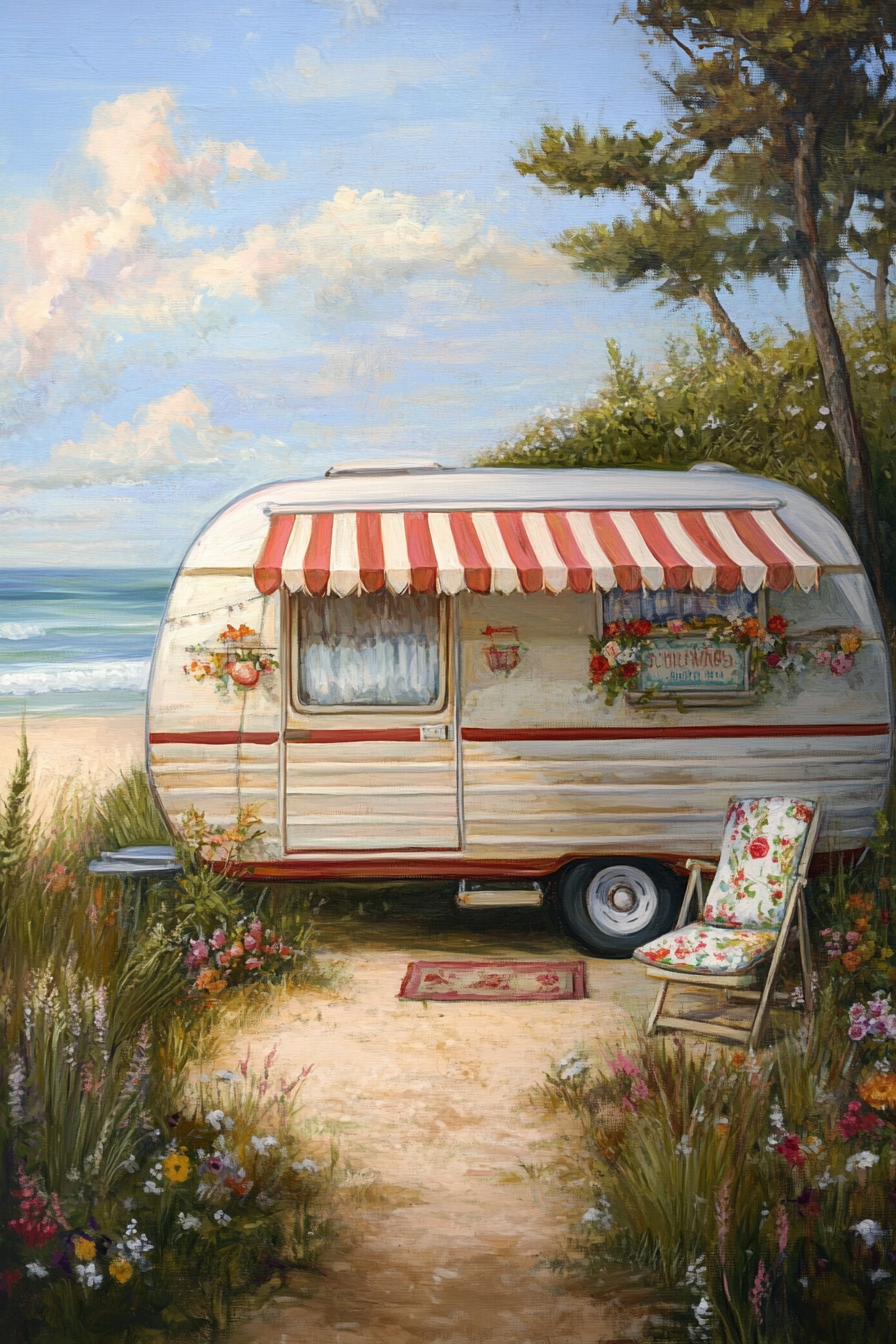 Camper design. Striped awning, chintz cushions, beach hut painting.