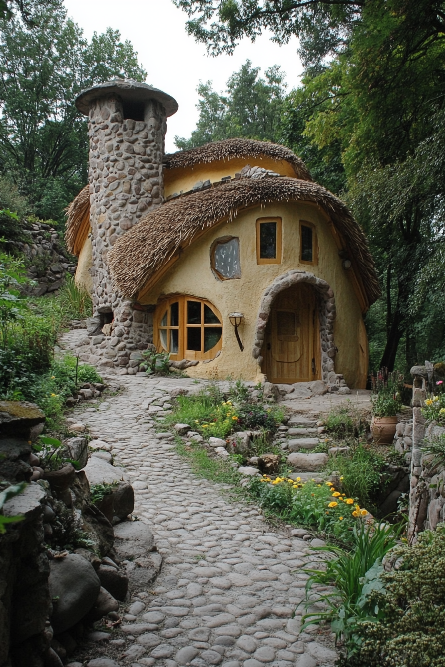 Fairytale micro home design. Cobblestone walls with a crooked chimney and a pack saddle thatched roof.