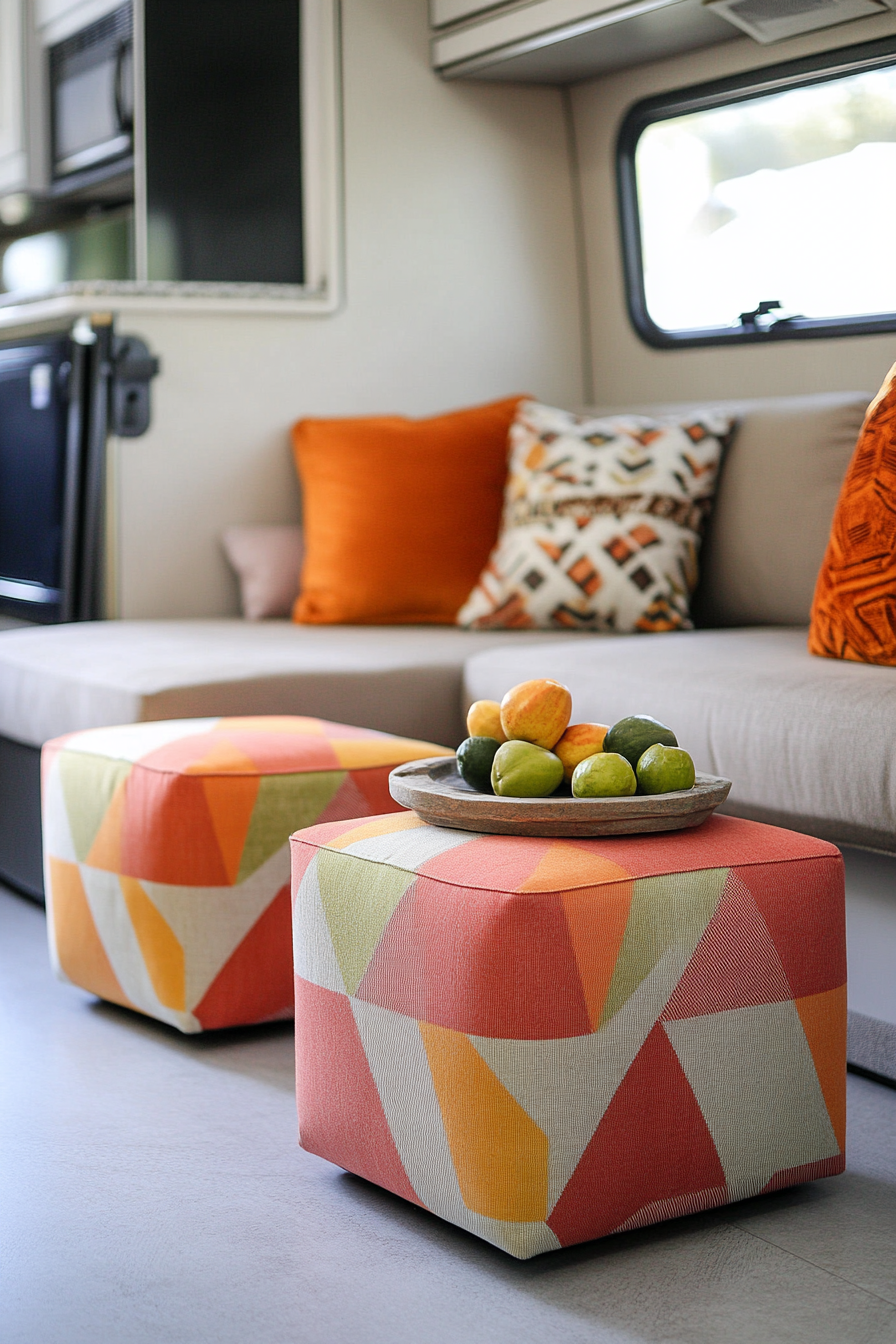 Fall RV decor. Geometric pattern ottoman cubes in primary colors.