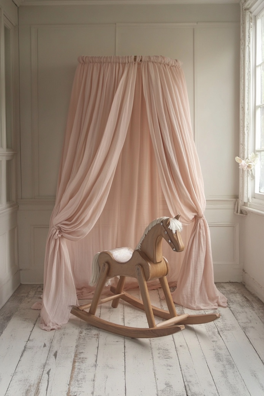 Dreamy play area. Pale pink silk canopy over a wooden rocking horse.