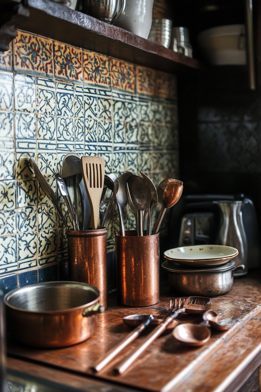 Tiny cooking space idea. Intricate Moroccan tile backsplash, copper utensils.