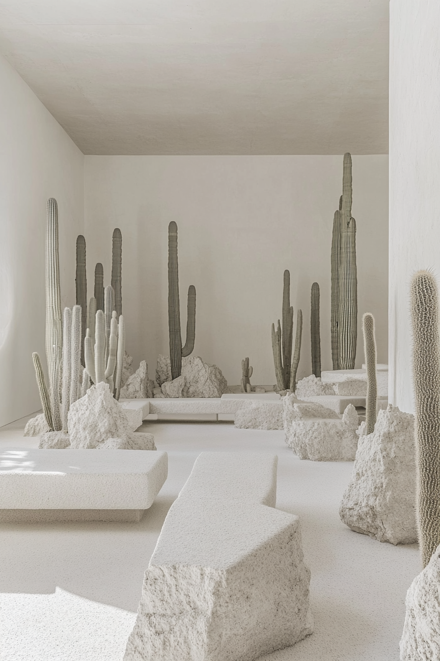 Space with cacti display. White monochromatic room, low-profile modular seating, floor-to-ceiling desert cacti arrangement.