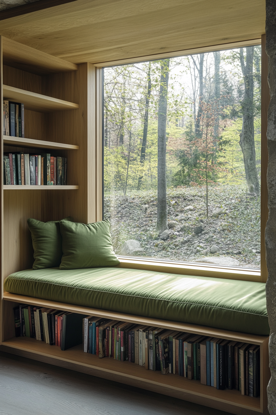 Window alcove concept. Floating bench with green pleated cushions and hidden book storage.