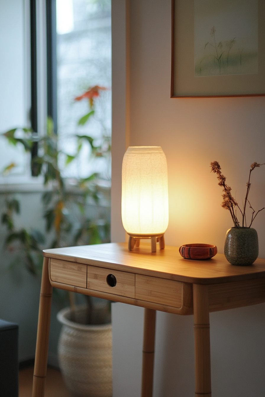 Compact workspace idea. Bamboo desk with ivory-colored table lamp.