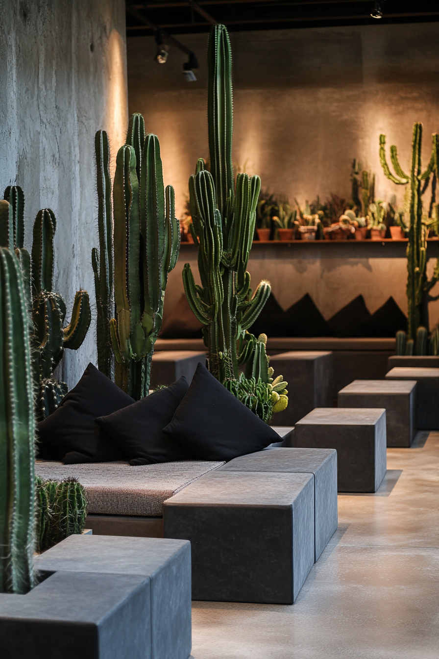 Space with cacti displays. Triangular black cushions on grey modular seating.