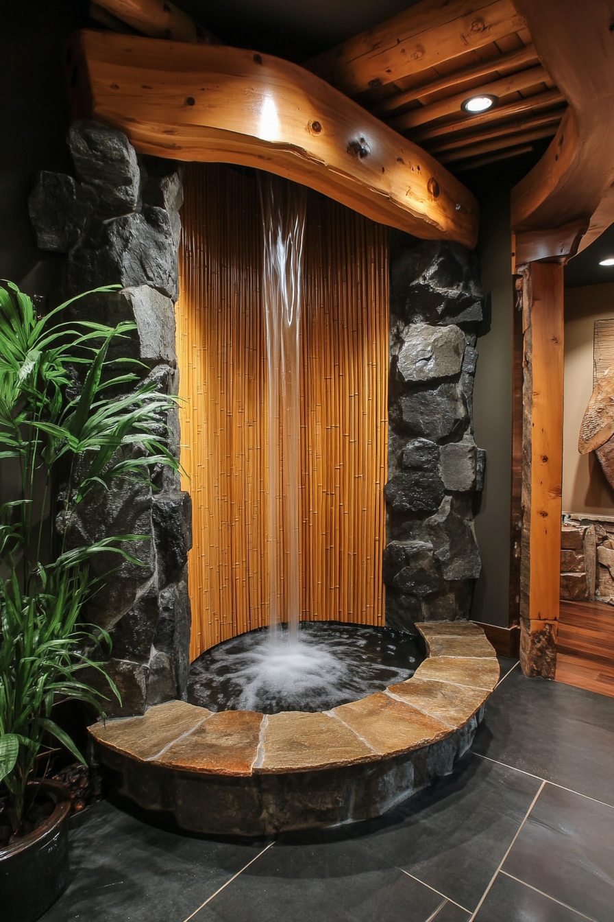 Micro home concept. Bamboo slim-profile waterfall wall with exposed stone base.