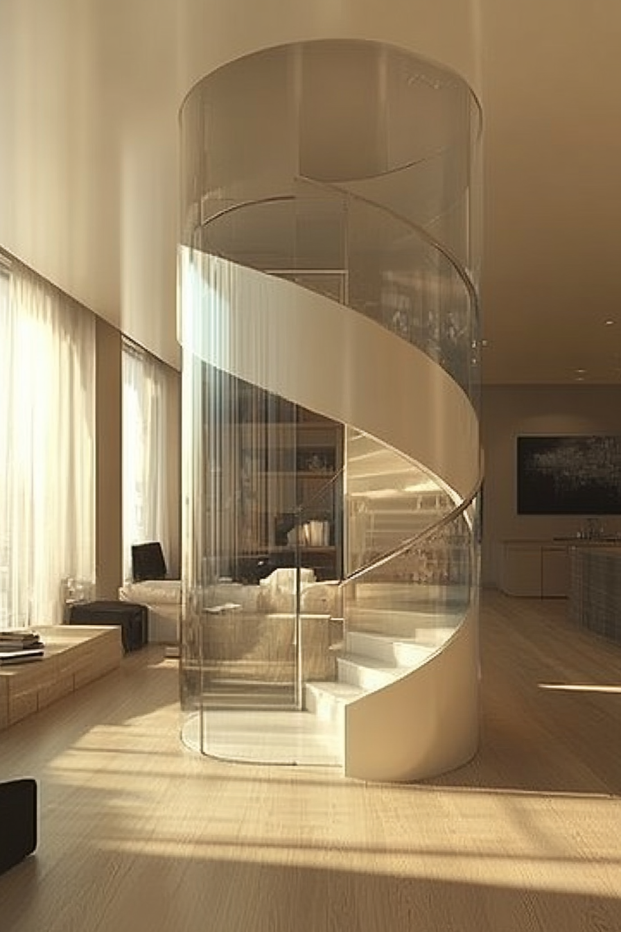 Micro living concept. Spiral staircase leading to a glass-surrounded top floor.