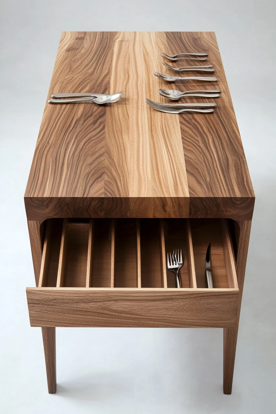 Dining table for small spaces. Rectangular wood with hidden cutlery compartment.