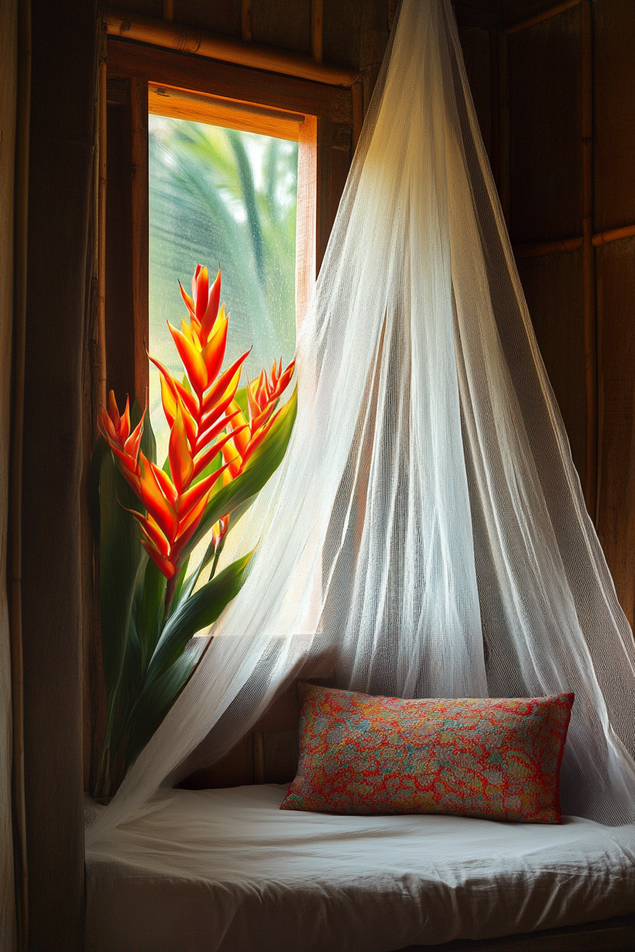 Sleeping nook. Bleached muslin mosquito net and vivid Heliconia caribaea plant.