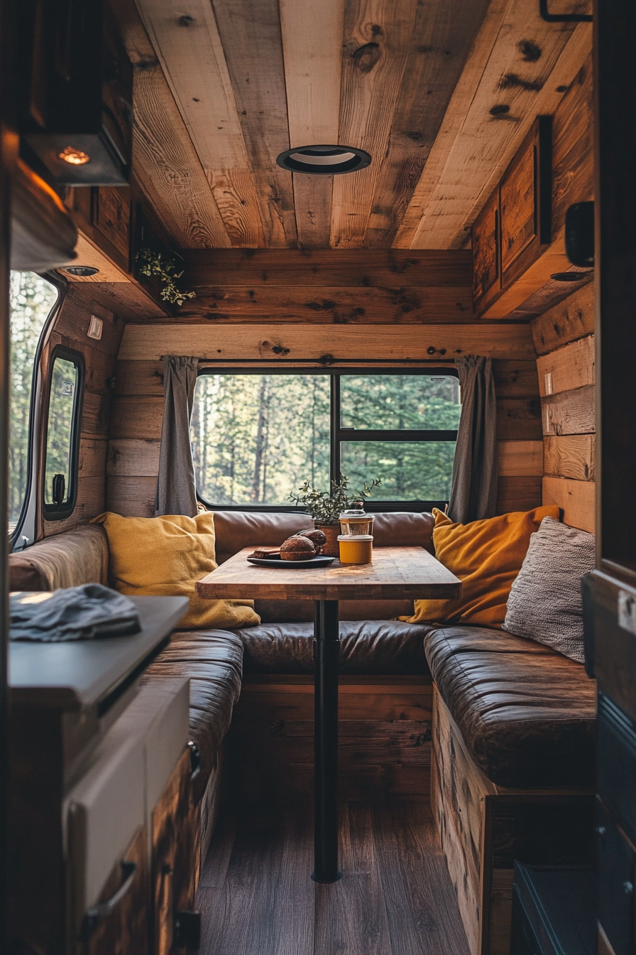 Remote work camper interior. Accents of dark-colored leather on a plywood wall.