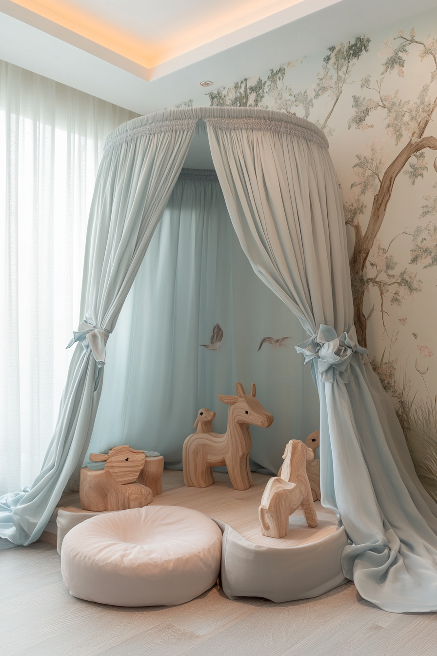 Play area. Silk canopy with pastel tones and wood-carved animal toys on display.