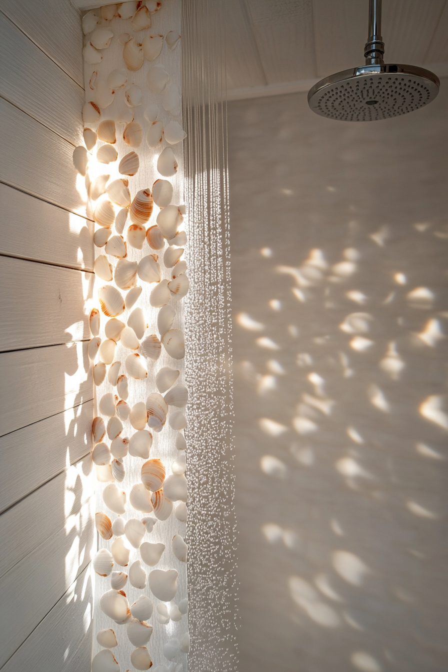 Tiny Beach House Shower. White curtain studded with shells.