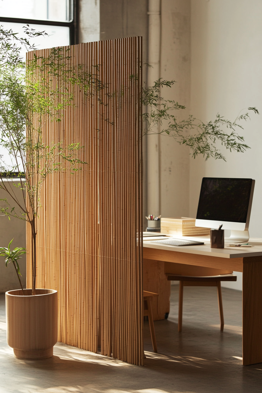 Mobile workspace design. Tall bamboo room divider beside a white tan oak desk.