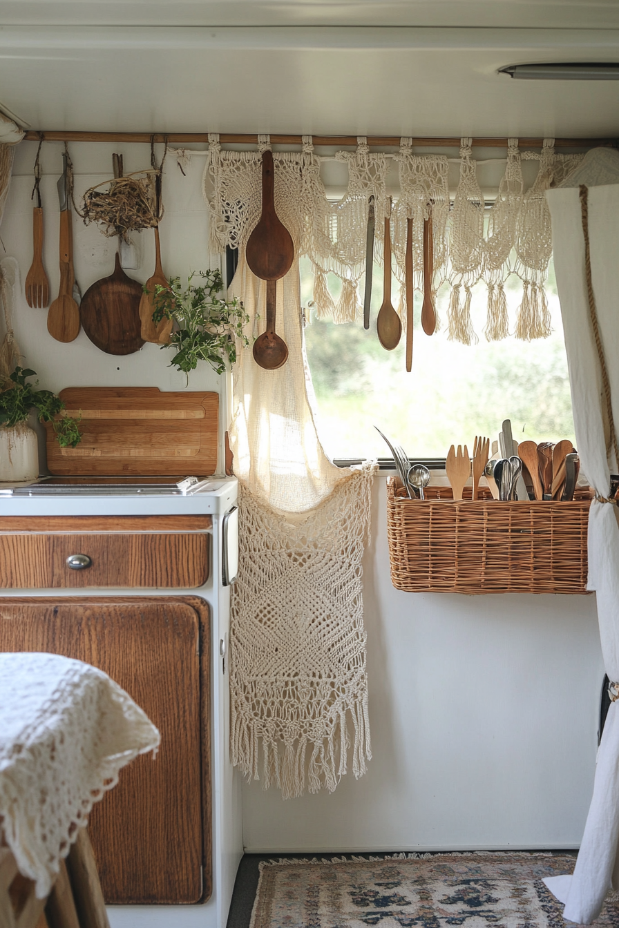 Bohemian camper kitchen. Macramé curtains with rattan utensil holder.