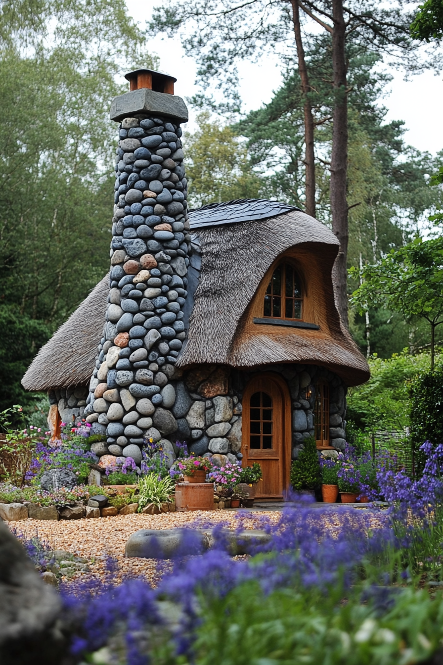 Micro home design. Stonecrook chimney with bluebell thatched roof.