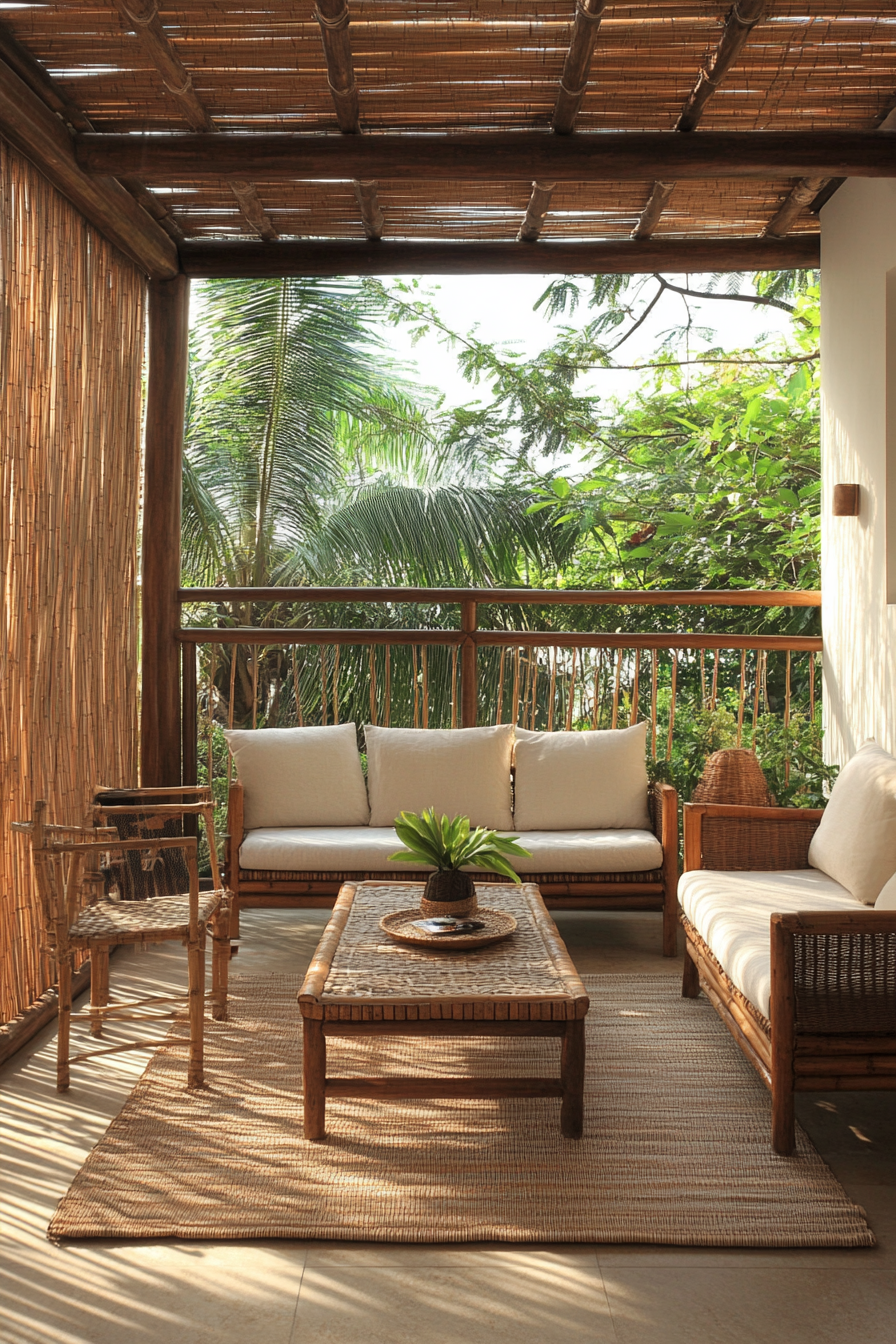 Japandi balcony design. Bamboo pergola with muted, earthy-colored furniture.