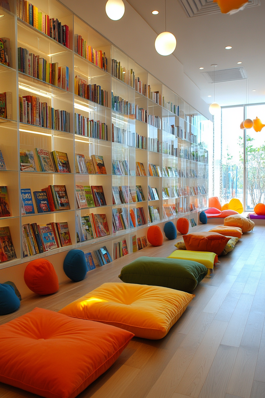 Child-sized library concept. Bright floor cushions alongside acrylic-bookshelves.