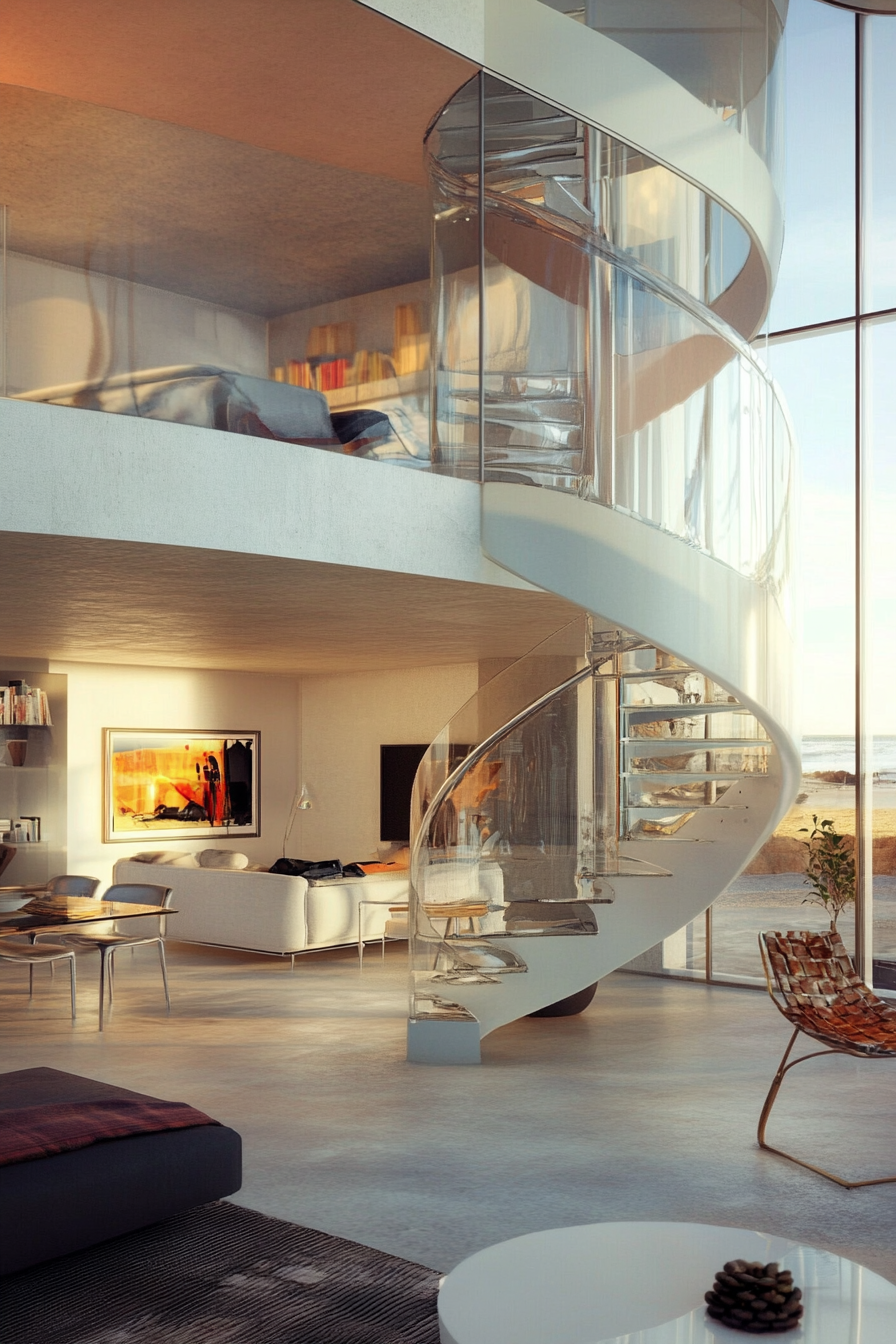 Micro living concept. Spiral staircase leading to glass-walled panoramic top floor.