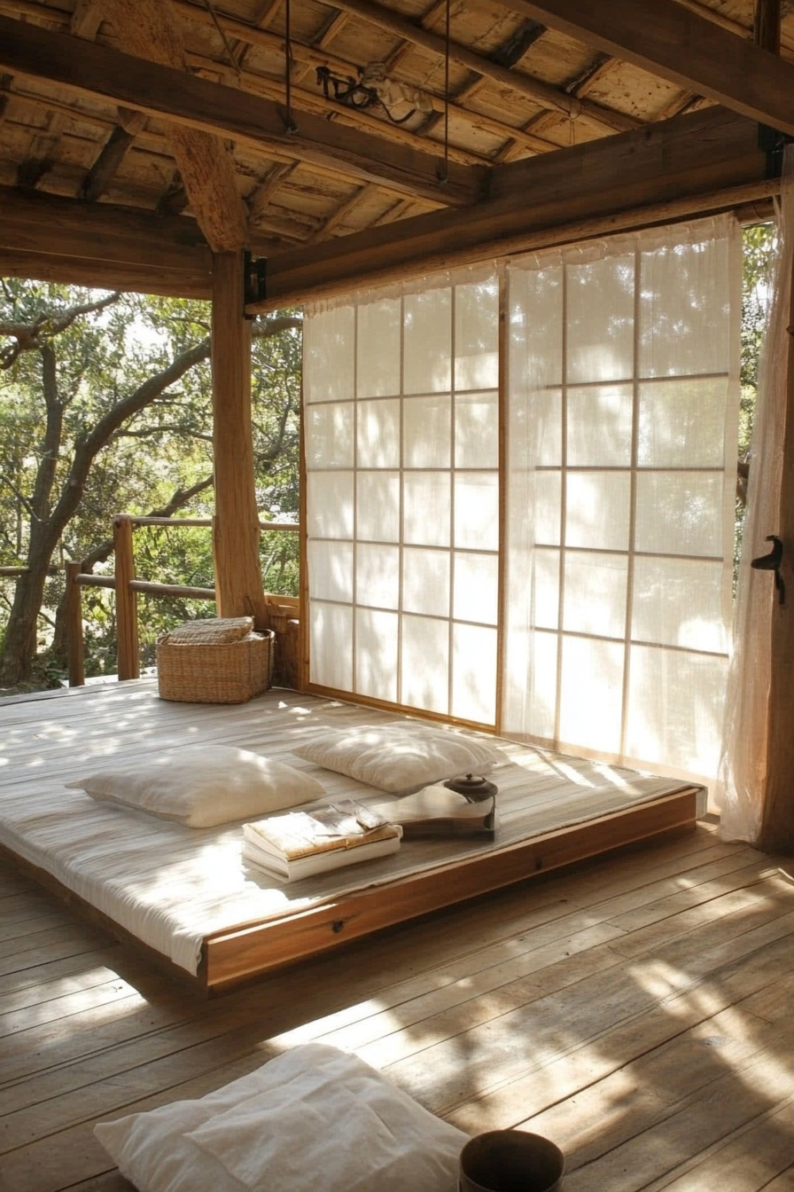 Elevated platform. Rustic wood with white sliding Shoji screens.