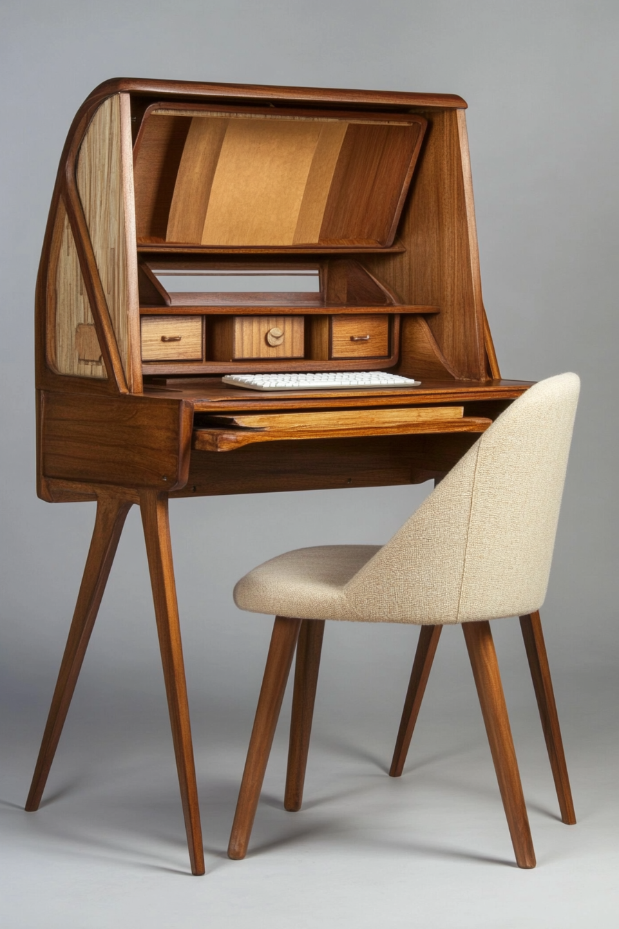 Mobile workspace design. Bamboo writing desk with beige chair.