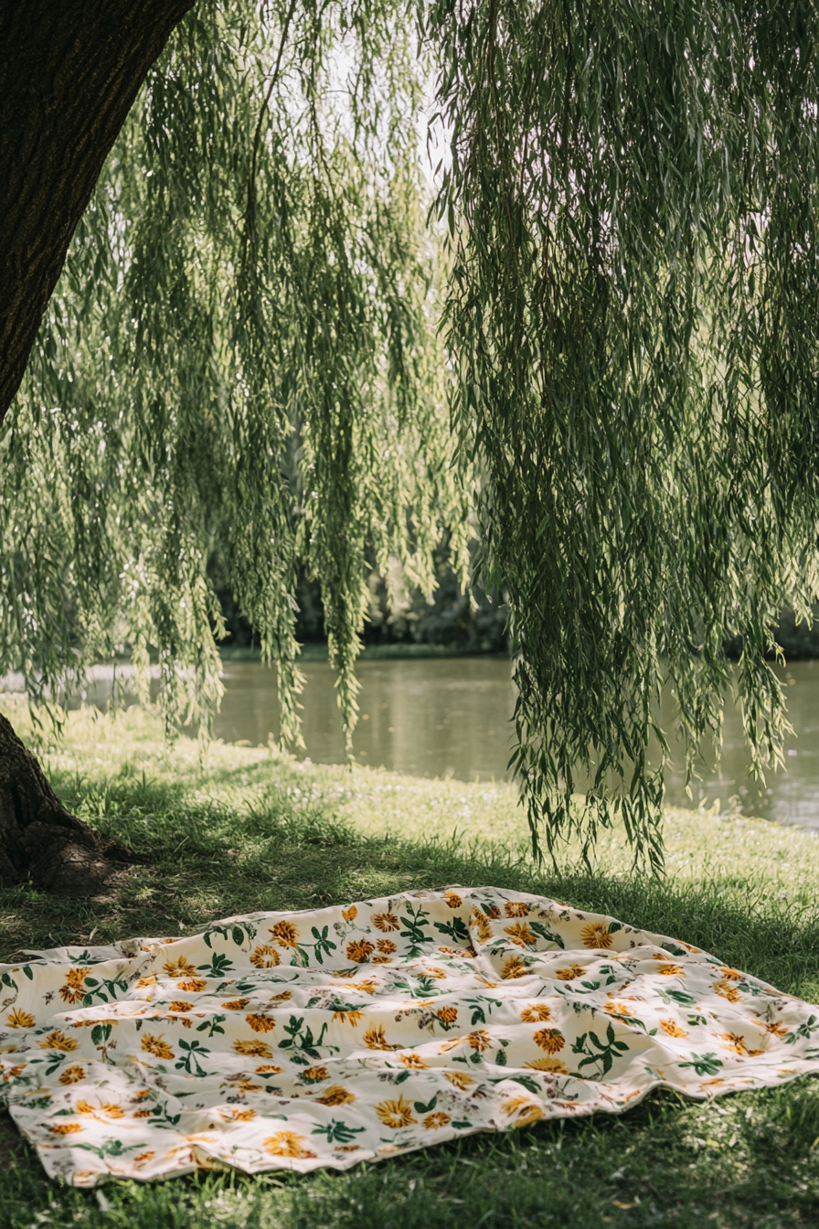 Cottagecore outdoor space. Picnic blanket with kitschy wildflower prints under a willow tree.