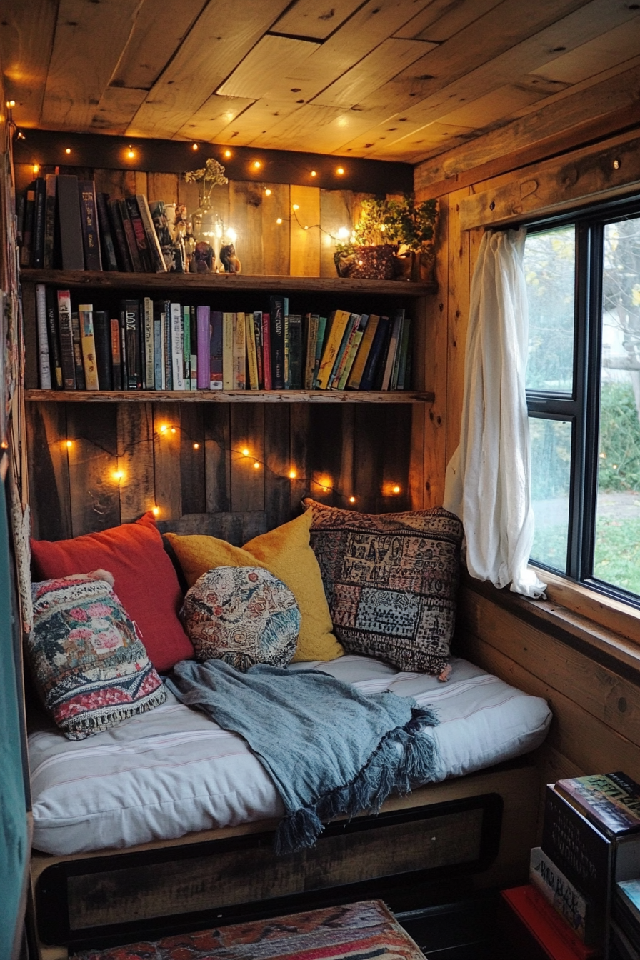 Van reading corner. Reclaimed wood shelves, low-energy fairy lights, recycled fabric cushions.