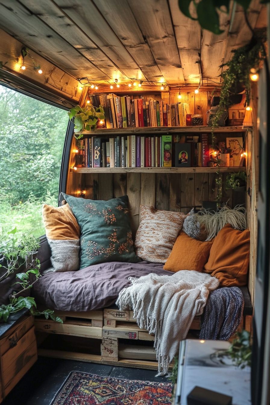 Eco-Friendly Van Reading Corner. Pallet wood bookshelves, hemp cushions, LED fairy lights.