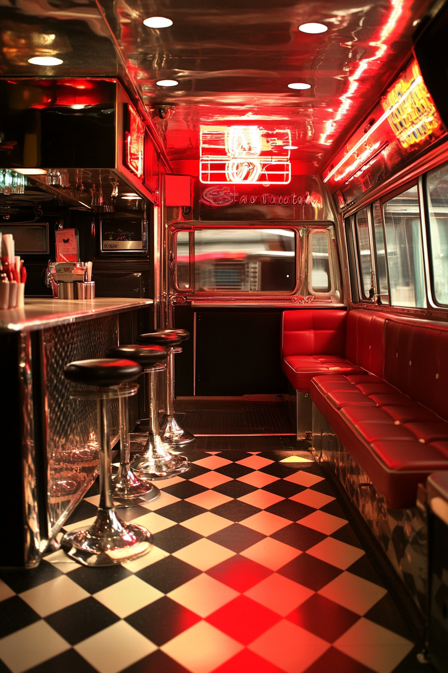 Retro-style camper dining. Neon signs, chrome accents, black and white checkerboard floor.