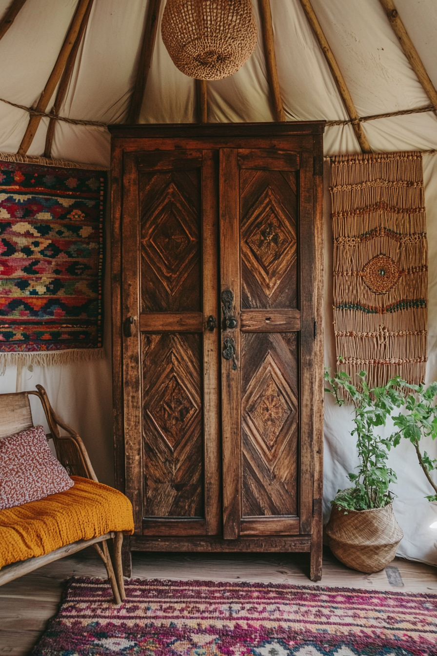 Rustic-style yurt living space. Wooden armoire against woven wall hanging.