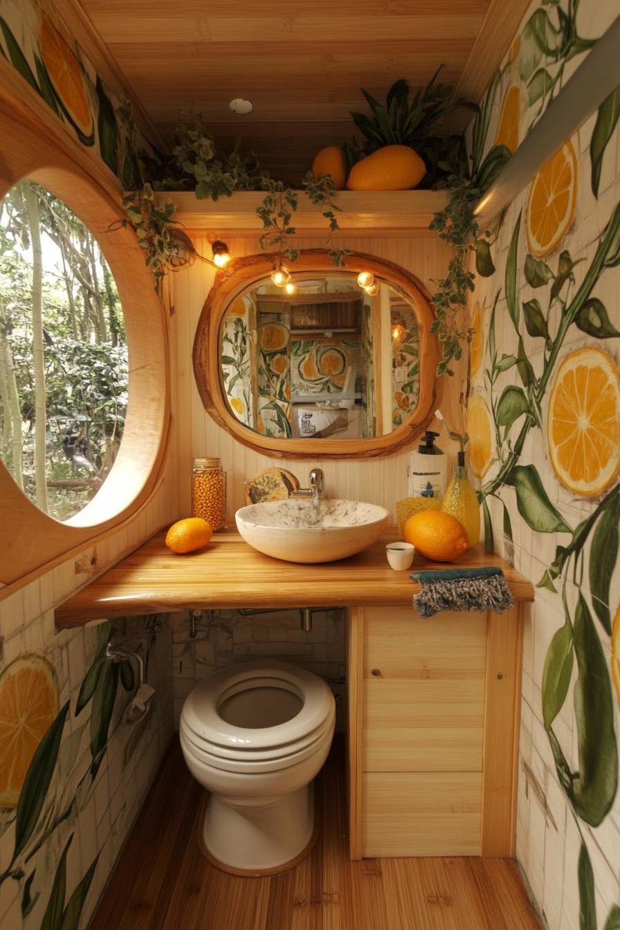 Sustainable tiny bathroom. Composting toilet, bamboo counter and mirrored wall with citrus detail.