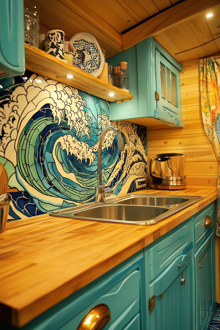 Retro surf van kitchen. Aqua Cabinets, wooden countertops, mosaic wave-art tiles.