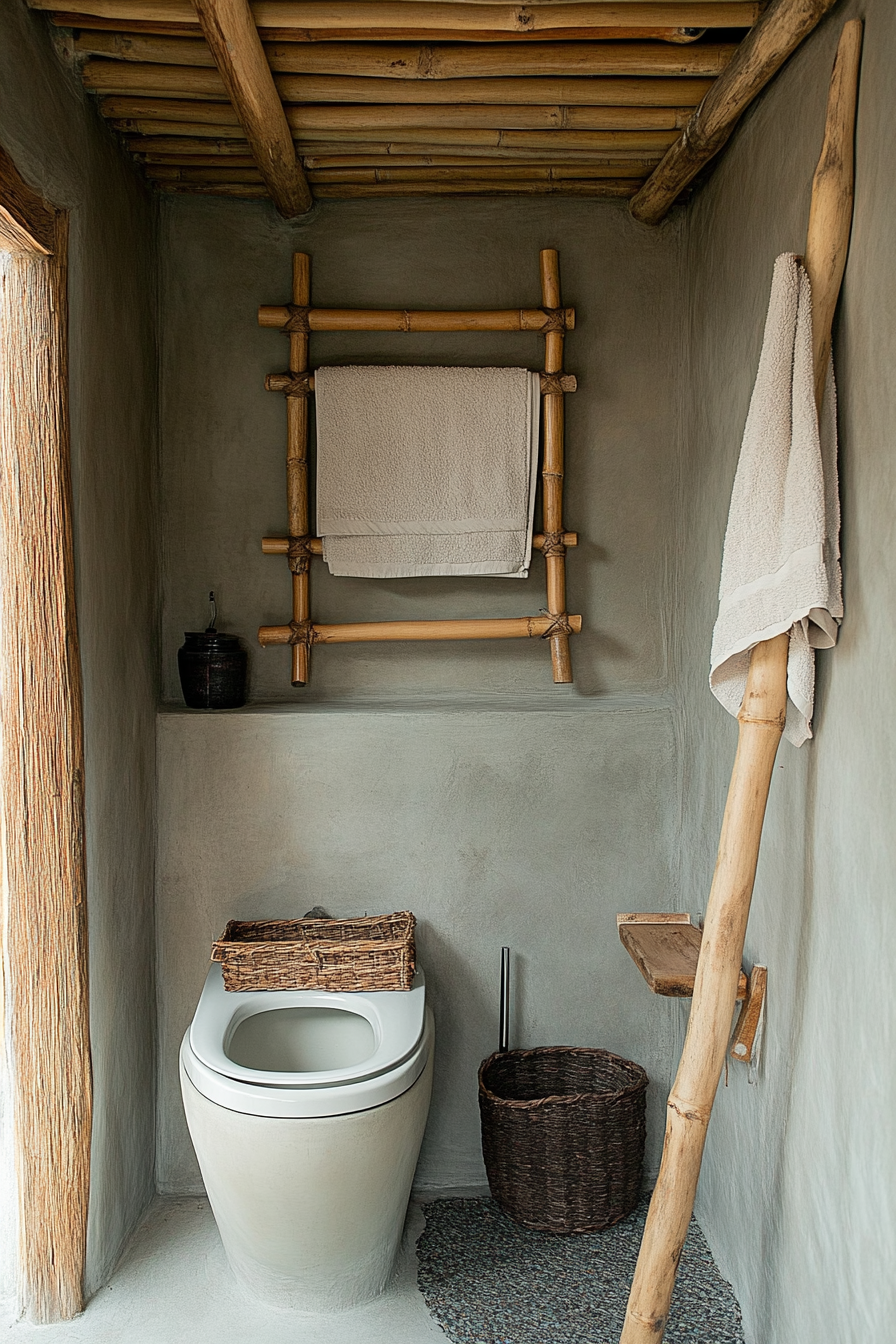 Tiny sustainable bathroom. Bamboo towel rack above grey water system near composting toilet.