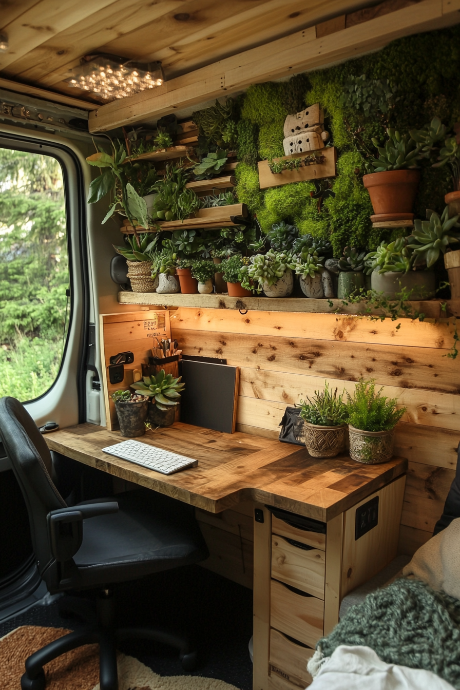 Van workspace. Birch wood desk against moss wall under succulent green roof.