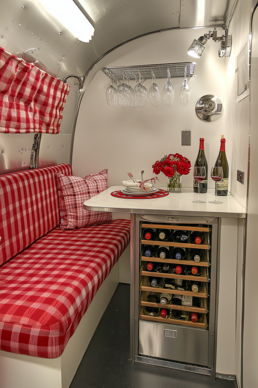 Vintage airstream dining nook. Chrome wine rack, red chequered vinyl seating, white formica countertop.