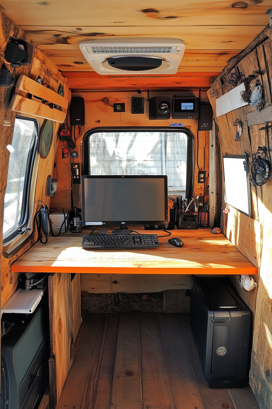 Sprinter van office space. Recycled wooden desk in solar-powered setup.