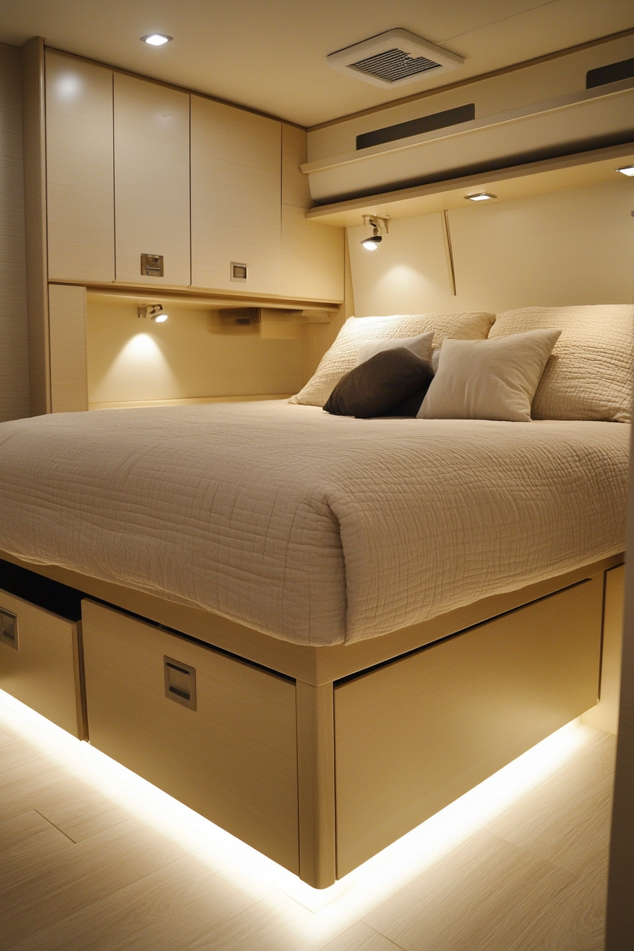 Zen-style RV bedroom. Sandy beige platform bed with hidden eggshell white storage units.