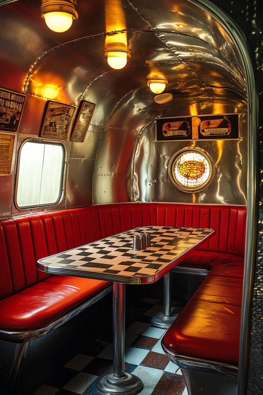 Vintage Airstream Dining Nook. Chrome finish, red vinyl seating, checkered Formica table.