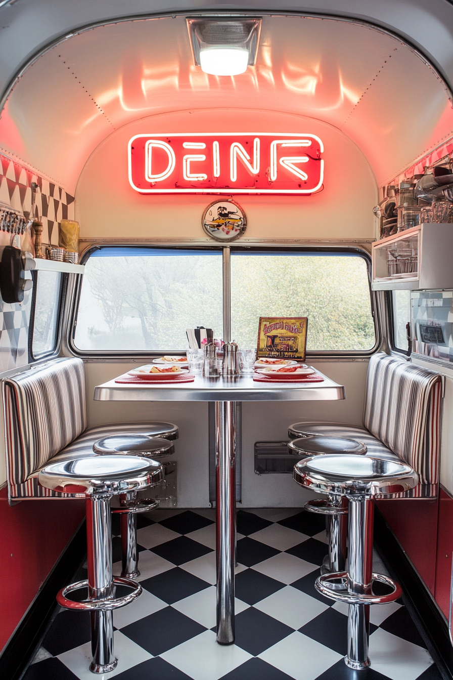 Retro-style camper dining space. Chrome stool seats, neon 'Diner' sign, black and white checkerboard floor.