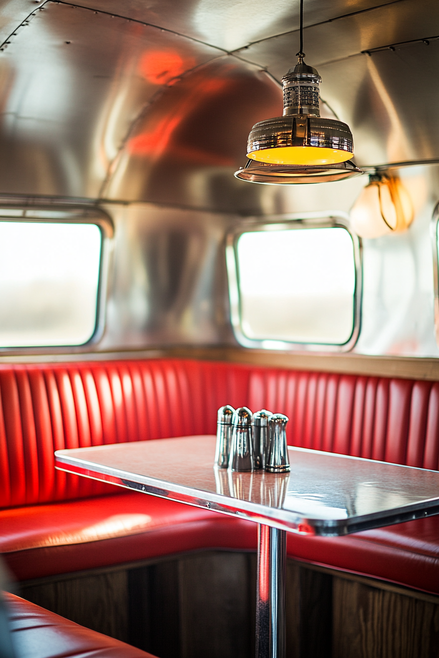 Vintage dining nook. Airstream with chrome finishes, red vinyl booth, formica tabletop.