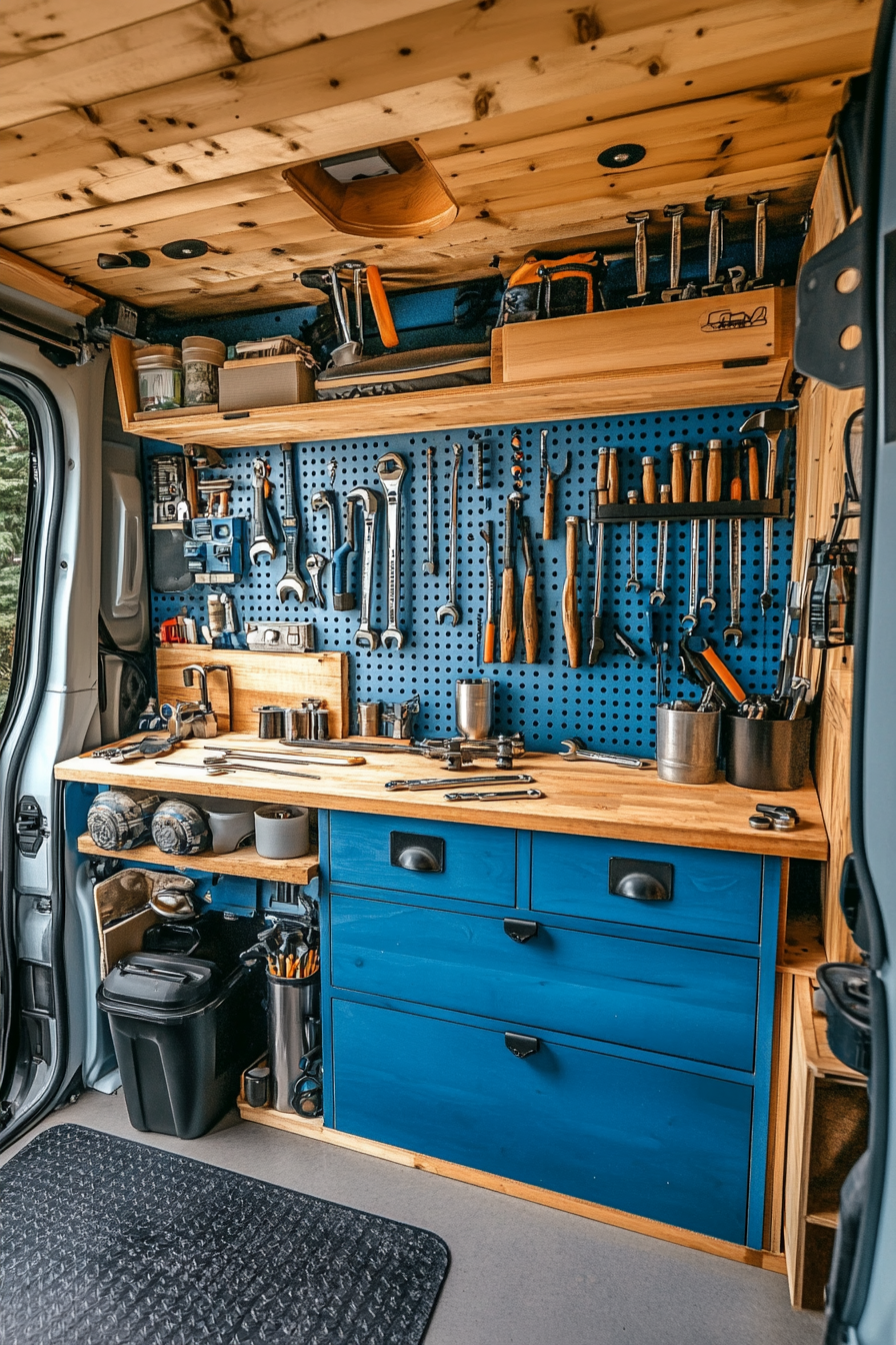 Adventure-ready van workshop. Blue painted tool wall with arranged wrench set.