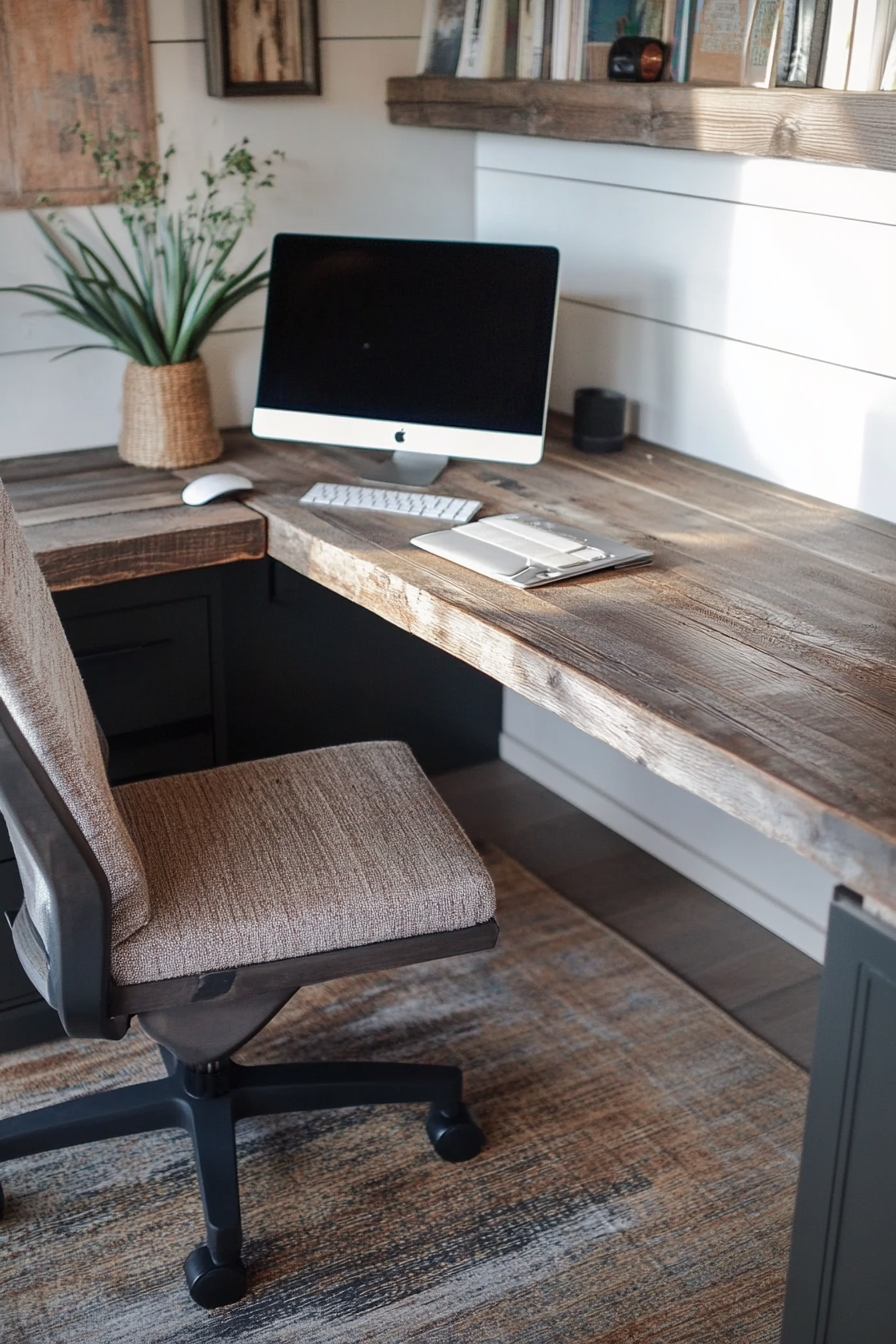 Sprinter van office. Reclaimed wood L-shaped desk, hemp seat cushion with sustainable cork flooring.