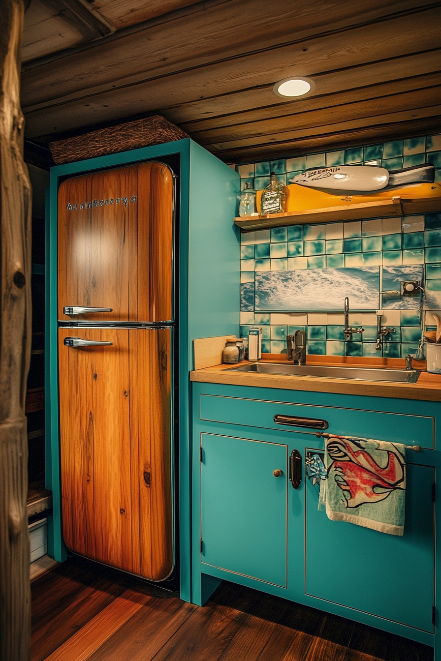 Retro surf van kitchen. Wood-panel fridge against aqua seaside cabinets.