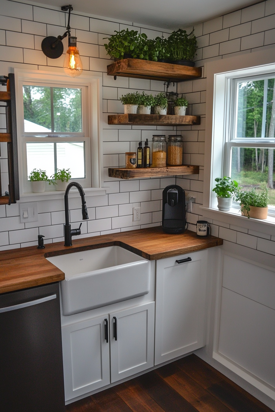 Tiny modern farmhouse kitchen. Butcher block island, apron sink, rustic window herbs box.