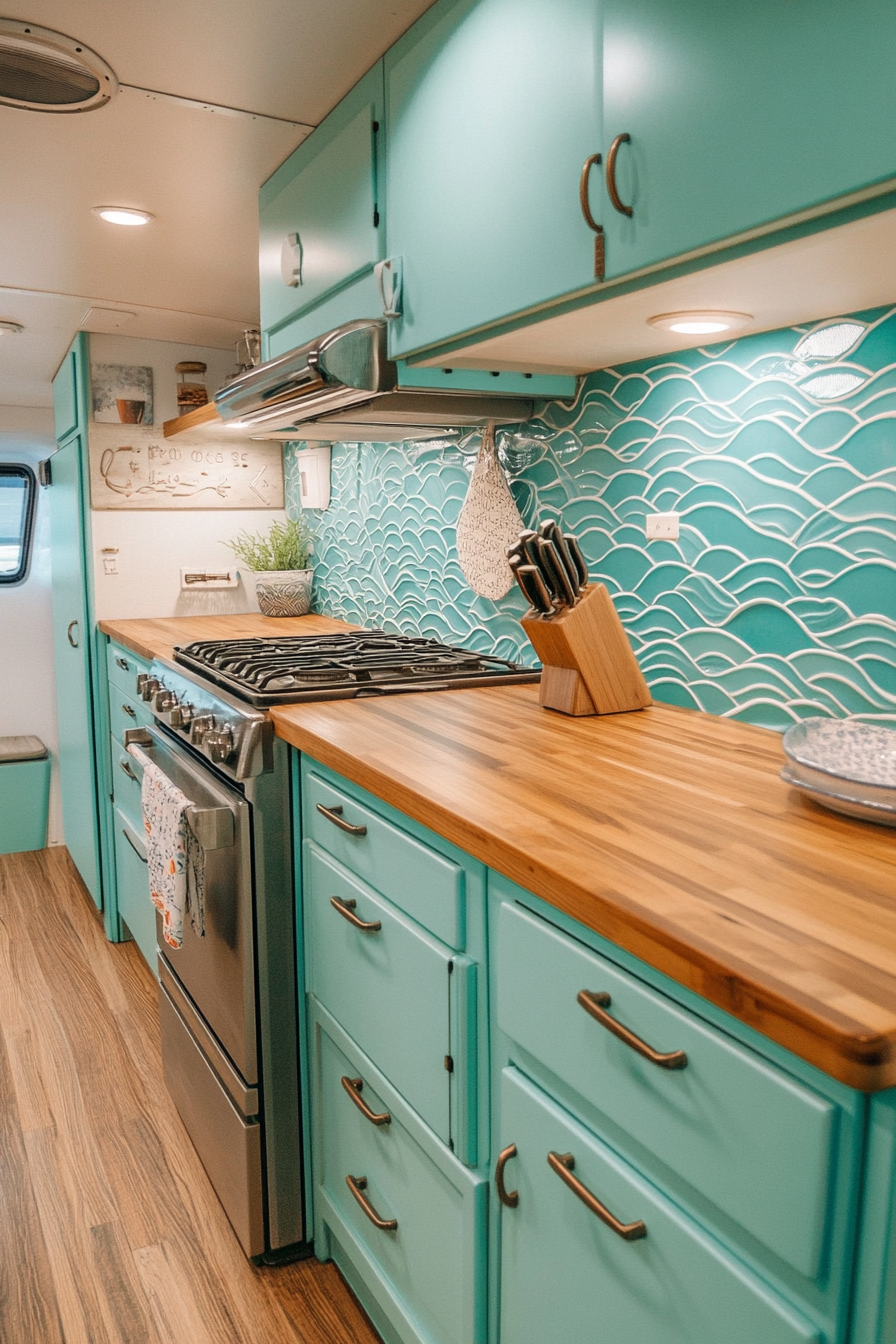 Retro surf van kitchen. Aqua cabinets, wood countertops, wave patterned tile backsplash.