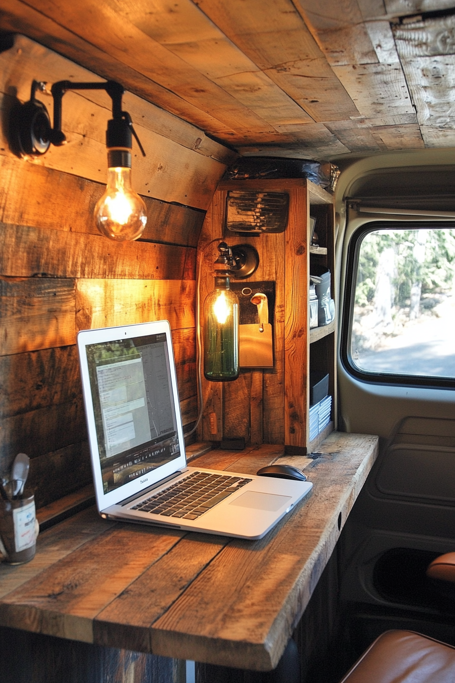 Sprinter van office space. Glass bottle desk lamp on recycled timber plank desk.