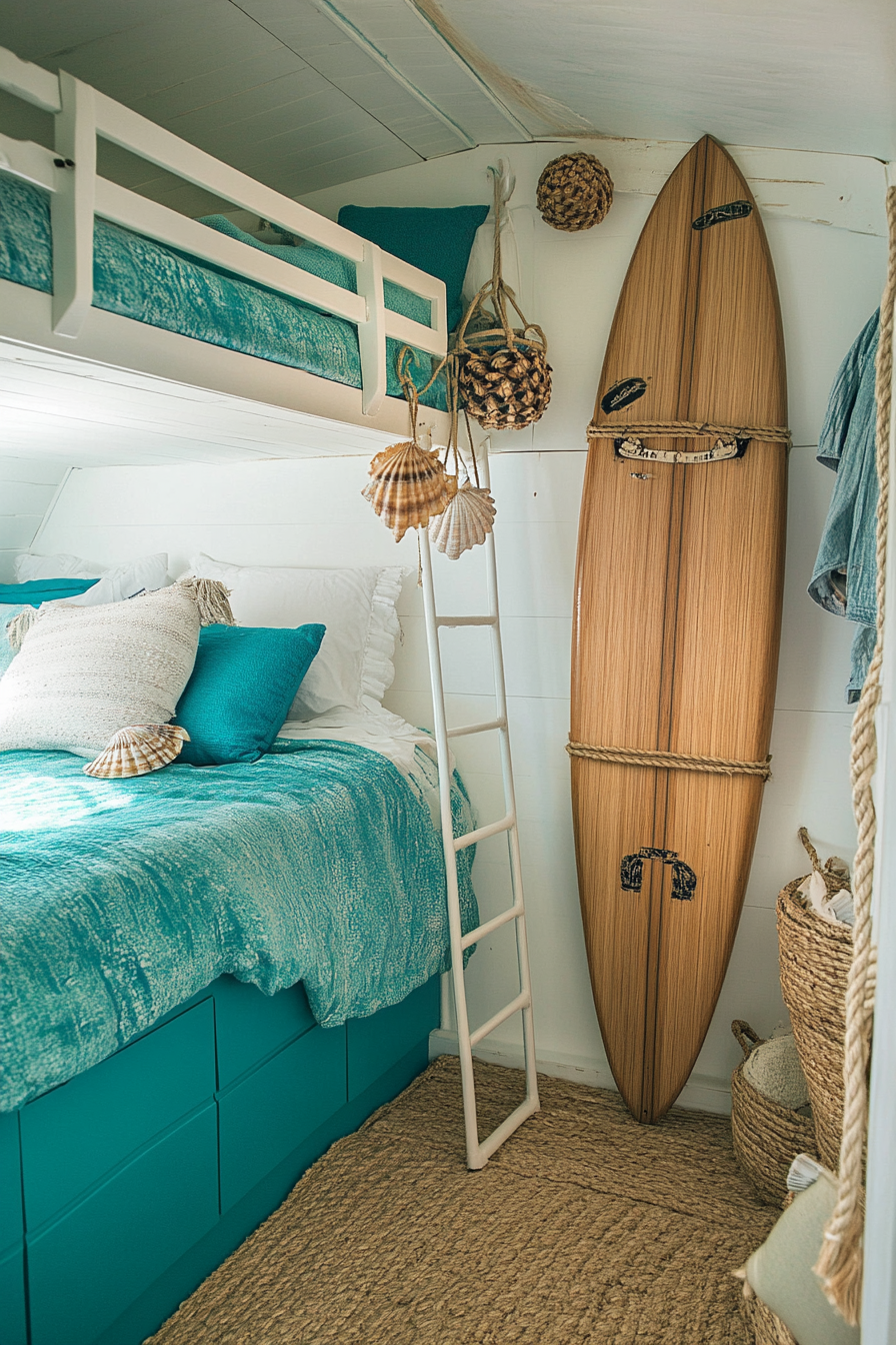 Van bedroom. Surf-style teal color scheme, bamboo surfboard rack, hanging seashell decor, white rope ladder.